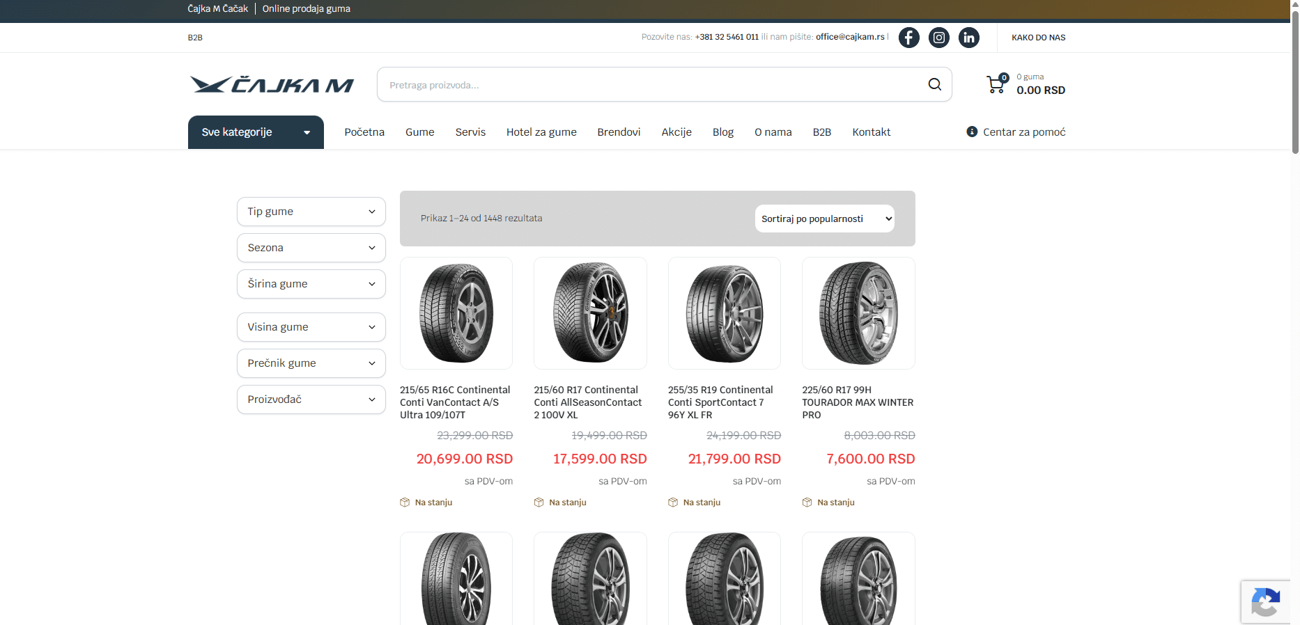 Brza pretraga i filtriranje guma po dimenzijama na Čajka M web shopu